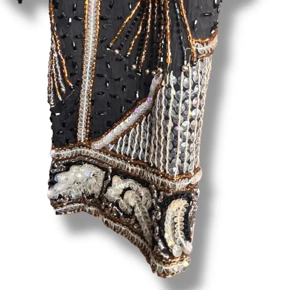 Vintage Silk Beaded Jacket‎ Black Gold 80s Luxury XL Maximalist Power Dressing
